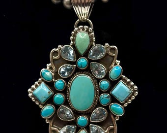 Vintage Dan Dodson Turquoise and Blue Topaz Southwestern Cluster Pendant