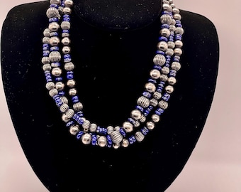 Vintage Southwestern 16-inch Lapis Lazuli & Sterling Silver 3-Strand Beaded Necklace by Dan Dodson