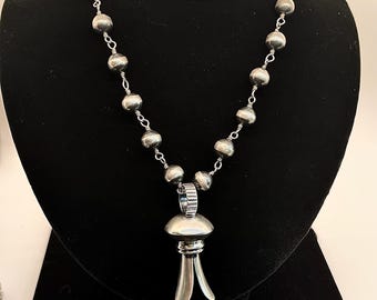 Vintage 20” Sterling Silver Beaded Rosary Chain w/ Squash Blossom Pendant by Dan Dodson