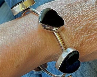 Vintage Dan Dodson Onyx Heart Sterling Bangle Bracelet