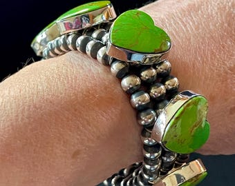 Vintage Green Mojave Turquoise Beaded Heart Bracelet by Dan Dodson