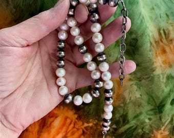 Vintage Dan Dodson Sterling Silver Bench Beads and Freshwater Pearl Chain (18-inch)