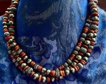 Vintage Southwestern Orange Spiny Oyster & Sterling Silver Beaded 3-Strand Necklace by Dan Dodson