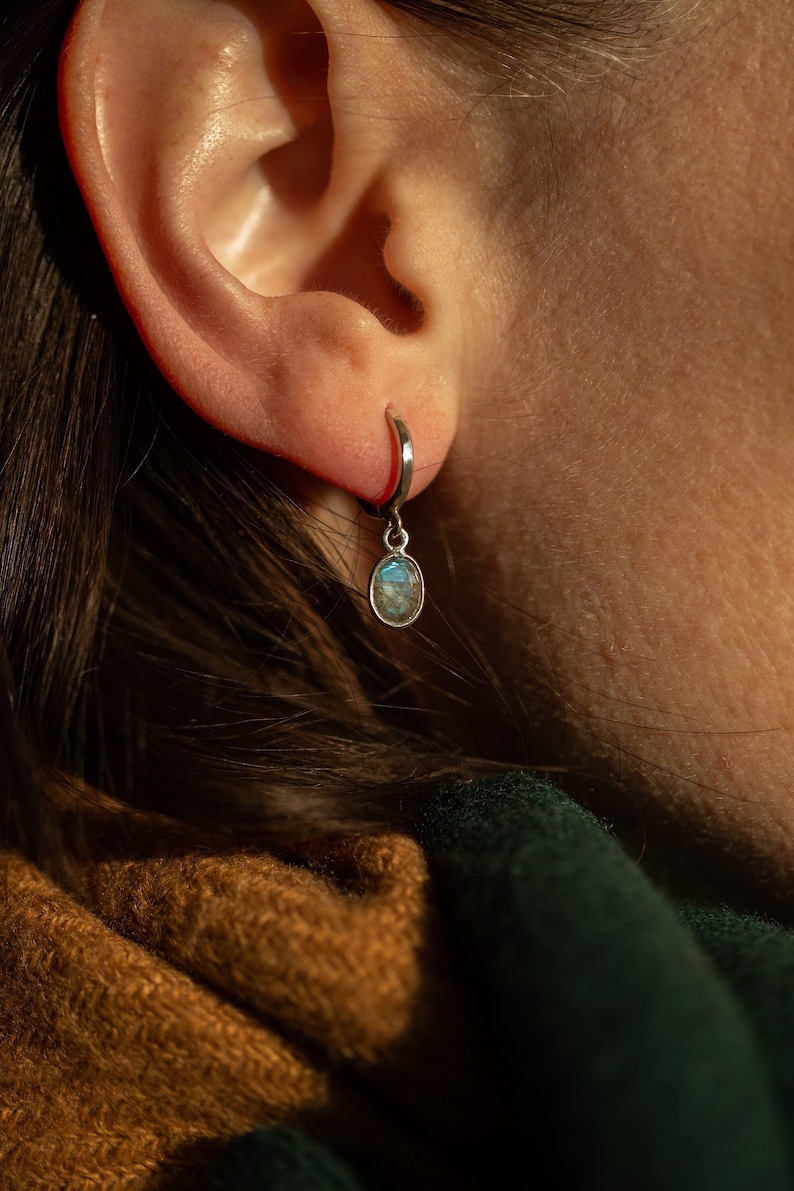 Beautiful Labradorite Huggies Sterling Silver Earrings Natural Labradorite Transformation stone image 2