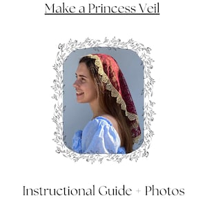 May include: A guide with photos on how to make a princess veil. The image shows a woman wearing a red and gold veil with a blue shirt.