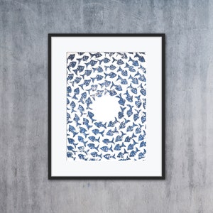 School of Fish A5 Lino Print in Navy Blue