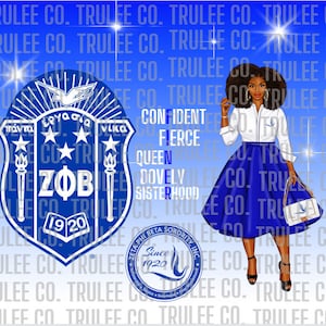 May include: A blue and white sorority crest with the letters "ZOB" and the year "1920" surrounded by stars. The crest is surrounded by the words "πάντα εργασία" and "νίκα" in Greek. The crest is on a blue background with the words "CONFIDENT", "FIERCE", "QUEEN", "DOVELY", and "SISTERHOOD" written in white. A woman in a white shirt and blue skirt is standing to the right of the crest. She is holding a white purse with a blue bird design. The words "ZETA PHI BETA SORORITY, INC." and "Since 1920" are written in a circle around a blue bird design.