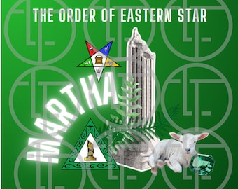 May include: A green background with the text "THE ORDER OF EASTERN STAR" in white. A five-pointed star with a white border and a gold centre is in the upper centre of the image. A white lamb is lying on the bottom right of the image. A green triangle with a gold pillar inside is in the lower left of the image.