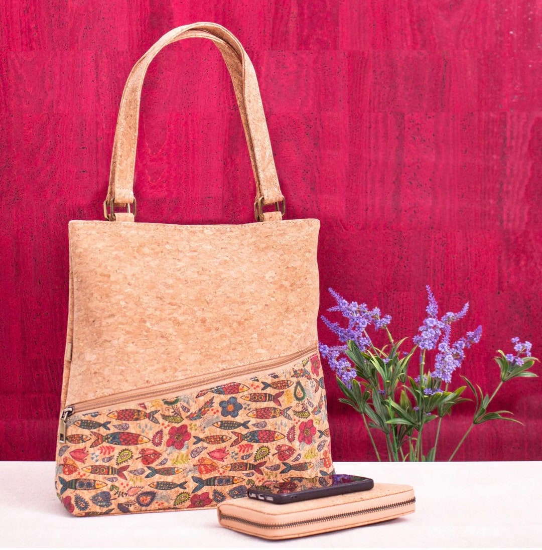 Large Cork Tote Bag, Large Womens Handbags, Cool Diagonal Zipper Pouch