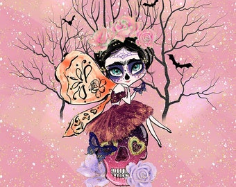 Fairy Witch Fabric Panel, Spooky Skull Fabric, Halloween Flowers Dia de los Muertos Fabric - 95% Katoen - 16" x 20" (40 cm x 50 cm)