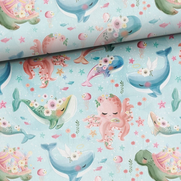 Tissu animaux Sea Life, tissu océan au demi-mètre, tissu de plage nautique pour enfants - 100 % coton tissé ou coton éponge 95