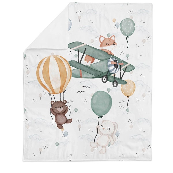 Big Sky Animals Fabric Panel, Bear Fox Bunny Pilot Airplane Balloons Fabric Decor Quilt Crafts - 100% Cotton - ~30" x 40" (75 cm x 100 cm)