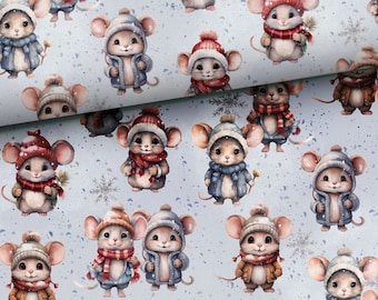 Jolly Mice Fabric, Holidays Fabric by Half Meter, Frosty Xmas Winter Fabric, Animals Fabric, Terry Fabric - 95% Katoen - 67" (170 cm) breed