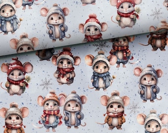 Tissu joyeux souris, tissu pour les fêtes par demi-mètre, tissu d'hiver de Noël givré, tissu animaux, tissu éponge - 95 % coton - 67" (170 cm) de large