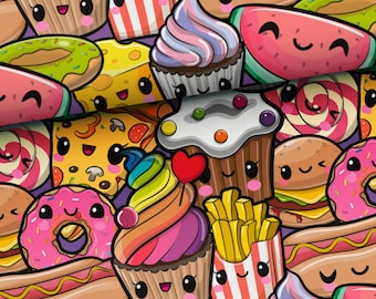 Fast Food Fabric, Candy Fabric by Half Meter, Fun Sweets Fabric Quilt Crafts Home Decor - 100% Cotton Woven or 95 Cotton Terry