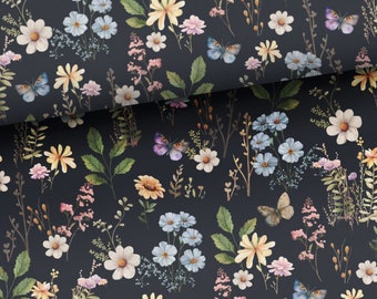 Tissu fleuri prairie, tissu floral épanoui par demi-mètre, tissu jardin de fleurs sauvages, tissu fleurs - 100 % coton tissé ou coton éponge 95