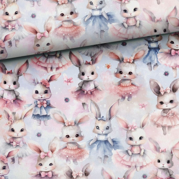 Ballerina Fabric, Flower Bunnies Fabric by Half Meter, Cute Animals Fabric, Tutu Ballet Dancer Fabric - 100% Cotton Woven or 95 Cotton Terry