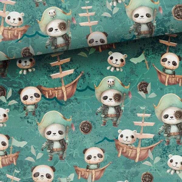 Pirate Pandas Fabric, Ocean Fabric by Half Meter, Animal Fabric, Ship Fabric, Travel Adventure Fabric - 100% Cotton Woven or 95 Cotton Terry