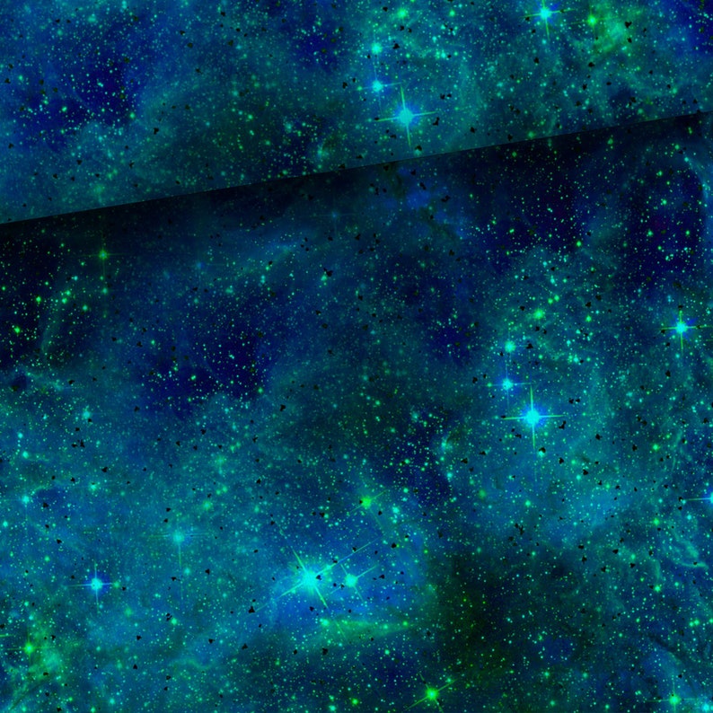 Sterrenstof, Sterrennachthemelstof per halve meter, Outer Space Stof, Galaxy Stof, French Terry Stof 95% Katoen 67 170 cm breed Galaxy Green Aurora