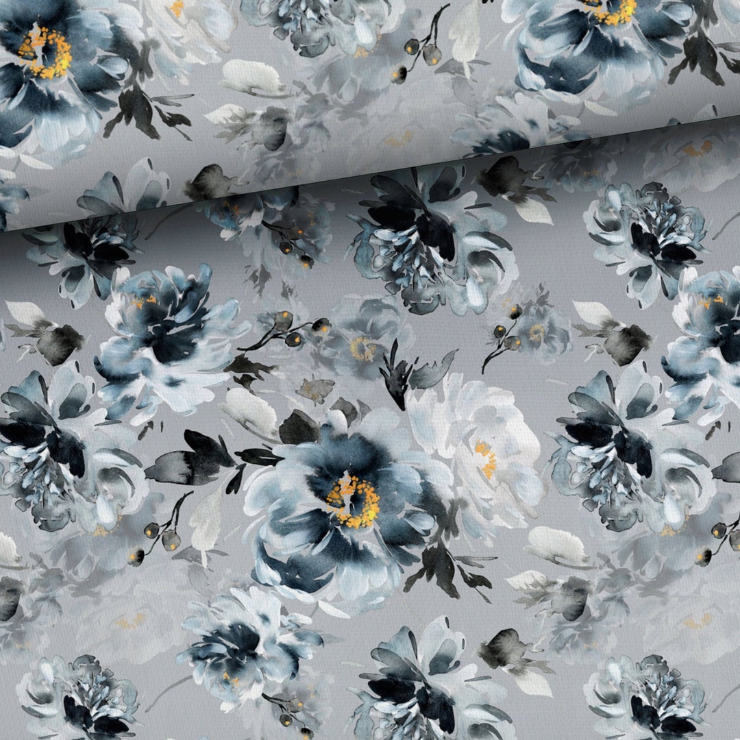 Gray Floral Fabric, Flowers Fabric, Elegant Chic Fabric by the Half