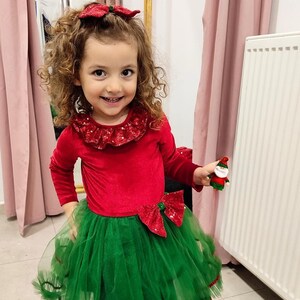 Christmas Toddler Dress-Noel Red Santa Dress, Velvet Red Green Tutu Dress with Sequin Bow, Holiday Party Outfit for Girls 3-8 Years