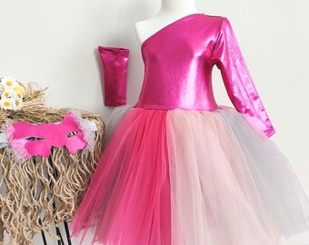 Pink Metallic Witch Costume: Tutu Dress, Mask & Gloves / Express Shipping
