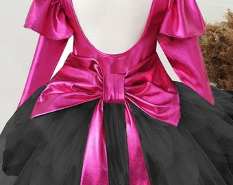 Toddler Hot Pink Black Tulle Dress, Princess Girl Dress, Hot Pink Girl Dress, Birthday Outfit, Toddler Pink Dress