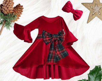 Red Christmas Holiday Girl Velvet Dress, Holiday Girl Photoshoot, Xmas Dress Long Sleeve, Girl Birthday Party, Little Girl Christmas Dress