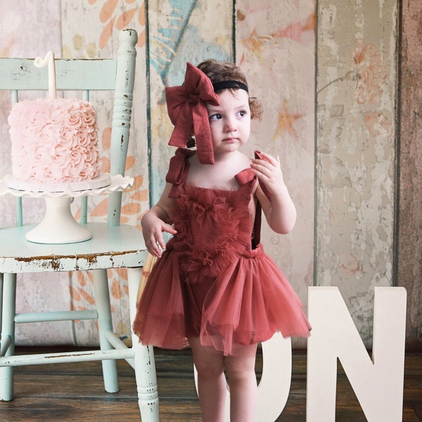 Boho Birthday Tutu Dress, First Birthday Cake Smash Outfit Girl, Terracotta Baby-Toddler Tulle Romper Dress et Baby Girl Headband