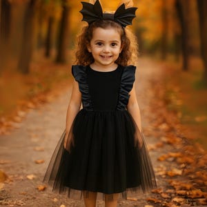 Halloween Bat Girl Costume – Gothic Black Tutu Dress & Headband, Toddler Witch Outfit, Girls Halloween Party Dress, Baby Girl Spooky Dress