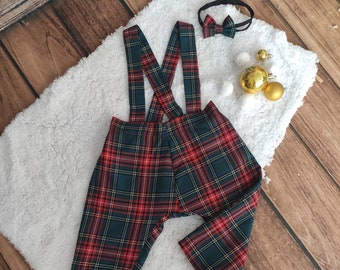 Tartan Boys Christmas Red Pant Bow Tie Set- Red Green Suspenders Pants, Boy Xmas Party, Boys Holiday Outfit