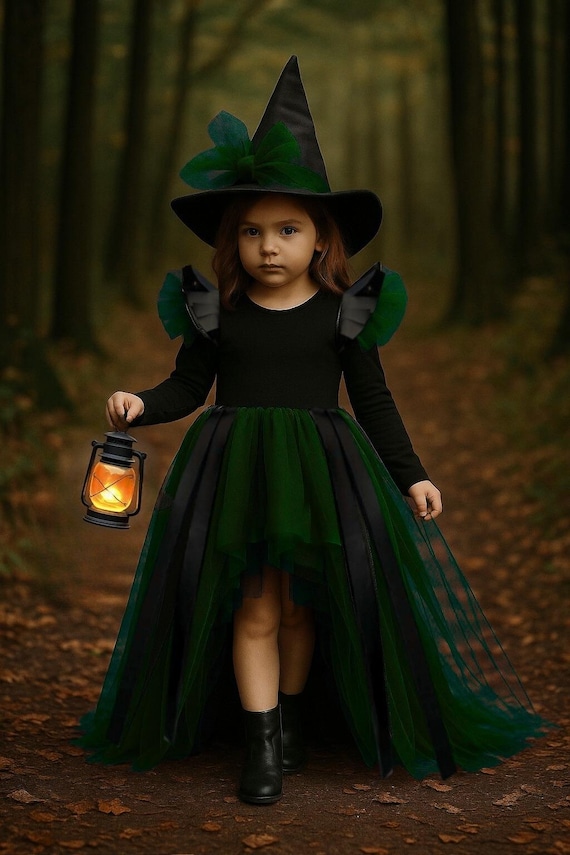 Green Witch Costume for Girls | Gothic Asymmetrical Tutu Dress | Kids Halloween Birthday Outfit 1-10 Ages / Express Shipping