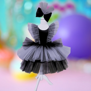 Black & Gray Tulle Birthday Dress: Ruffle Tutu, Bow Headband