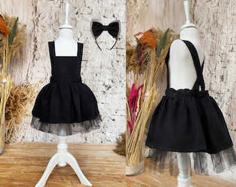 Black Toddler Dress, Black Flower Girl Dress and Headband, Birthday Girl Bow Dress, Special Occasion Dress, Tulle Black Tutu Dress