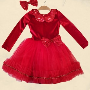 Christmas Toddler Dress-Velvet Red Tutu Dress with Sequin Bow, Holiday Party Outfit for Girl 3-8 Years, Kid Christmas Dress, Red Santa Dress