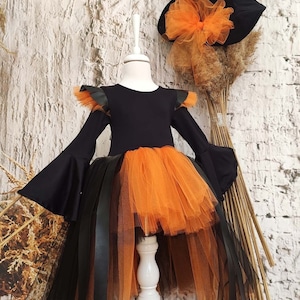 Toddler Witch Costume, Girls Halloween Costumes, Toddler Girl Witch Dress and Hat, Black Orange Tutu Costume