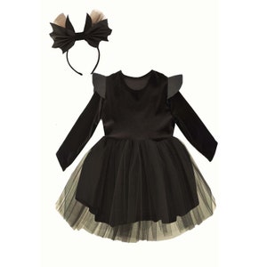 Toddler Girl Black Velvet Dress, Gothic Girl Dress, Black Tutu Dress and Headband, Long Sleeve Velvet Girl Dress, Gift for Girl