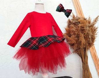 Robe de vacances de Noël fille, tenue de Noël tartan rouge pour tout-petit, robe hiver fille écossaise rouge et verte, robe séance photo de Noël fille