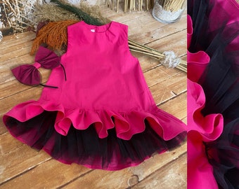 Hot Pink Girl Dress, Asymmetrical Toddler Girl Pink Dress/Birthday Tutu Dress/Girl's Birthday Dress/Pink Photoshoot Dress/Birthday Outfit