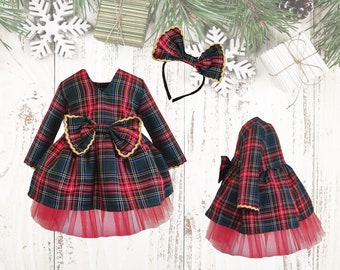 Red Plaid Baby Girl Gown: Tartan Tulle Dress & Headband