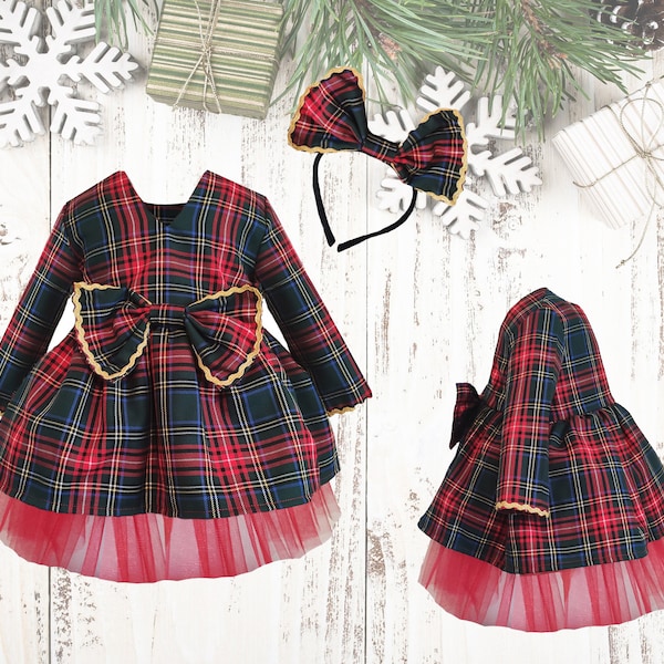 Red Plaid Gown For Baby Girl, Tartan Toddler Dress, Baby Girl Dress, Birthday Girl Dress, Baby Girl Tulle Dress