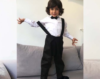 Ring Bearer Outfit Black, Black Toddler Pants Bow Tie, Boys Wedding Clothes, Boys Suspender Pants, Toddler Birthday Outfit