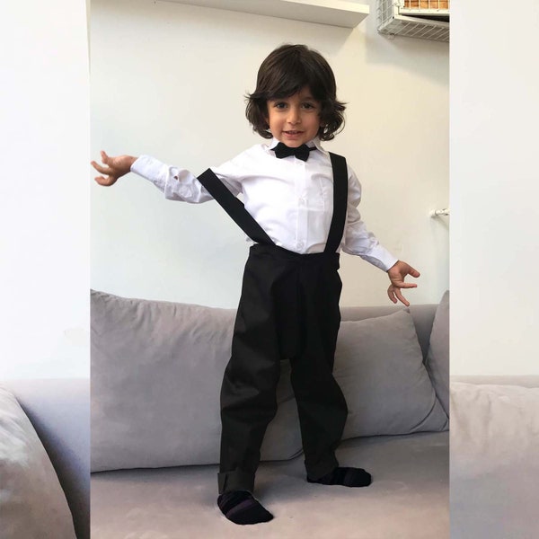 Ring Bearer Outfit Black, Black Toddler Pants Bow Tie, Boys Wedding Clothes, Boys Suspender Pants, Toddler Birthday Outfit