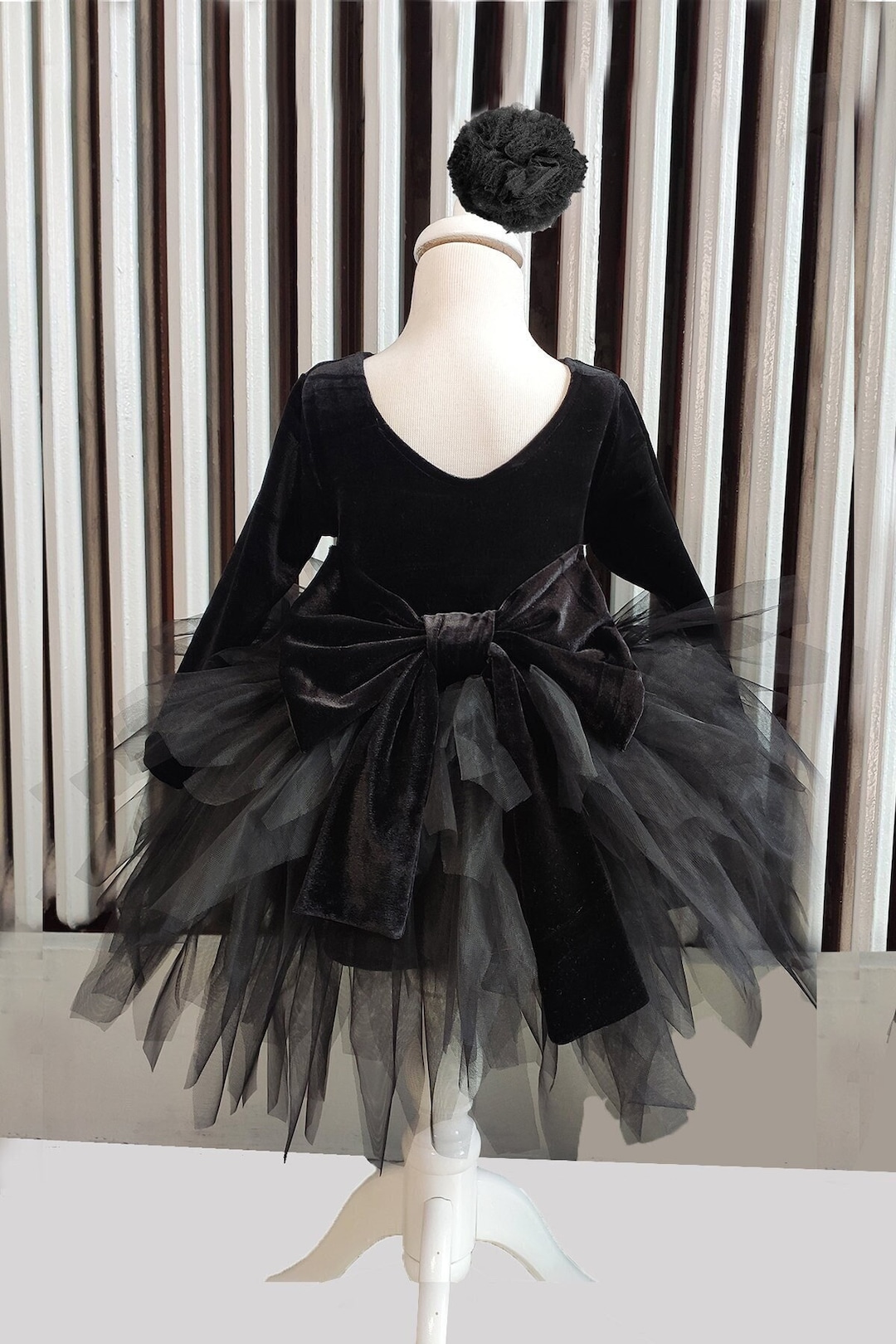 Black Flower Toddler Dress, Black Tulle Girl Dress, Velvet Toddler