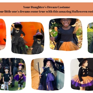 May include: A collage of images featuring children dressed in witch costumes for Halloween. The costumes include black tulle skirts, black long-sleeved shirts, and witch hats. Some of the costumes have orange tulle accents. The children are holding brooms and posing for photos.