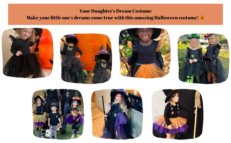 May include: A collage of images featuring children dressed in witch costumes for Halloween. The costumes include black tulle skirts, black long-sleeved shirts, and witch hats. Some of the costumes have orange tulle accents. The children are holding brooms and posing for photos.