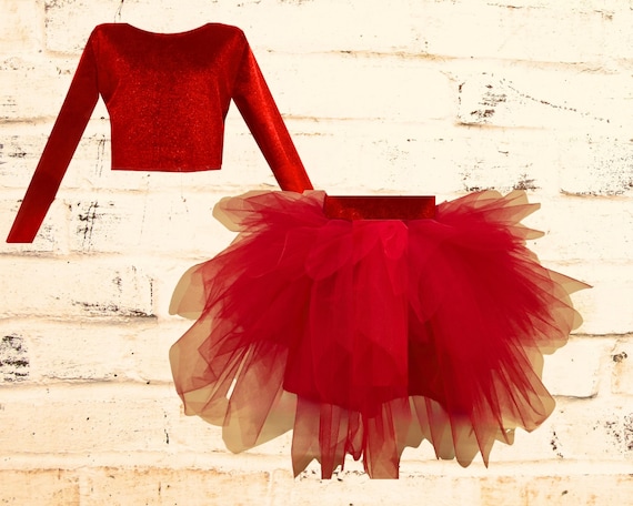 Red Velvet Crop Top and Tulle Tutu Skirt Set: Girls Birthday
