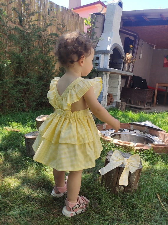 Cotton Birthday Dress Yellow Gingham Plaid Frilly Toddler Girl Dress cute Summer Dress for Girls ruffled 1 to 10 Years Little Girl Dress Etsy