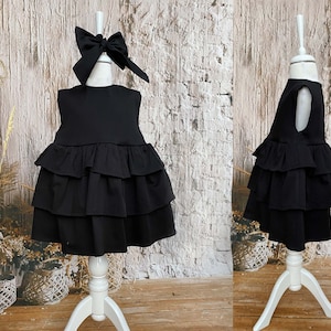 Black Toddler Dress, Black Girl Dress Headband, Black Flower Girl Dress, Frilly Girl Dress, Gifts for Kids Girls Dress up