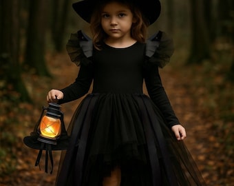 Asymmetrical Gothic Tutu Dress for Girls | Black Witch Costume | Halloween Birthday Party Outfit | Toddler to 1-10 Years / Express Shipping